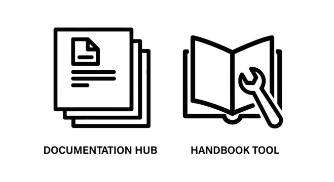 Documentation hub and handbook tool line icon set with documentation handbook document knowledge instruction information reference learning training
