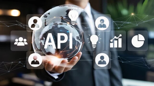 Man in suit holding transparent globe with API and icons representing global connections and data exchange  business technology concept