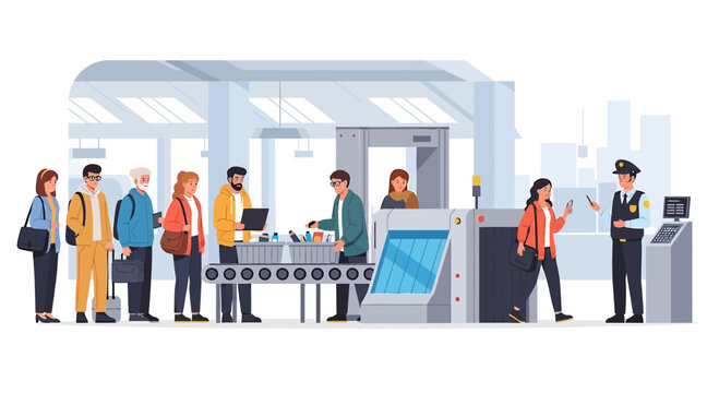 Airport Security Checkpoint with Passengers and Officers