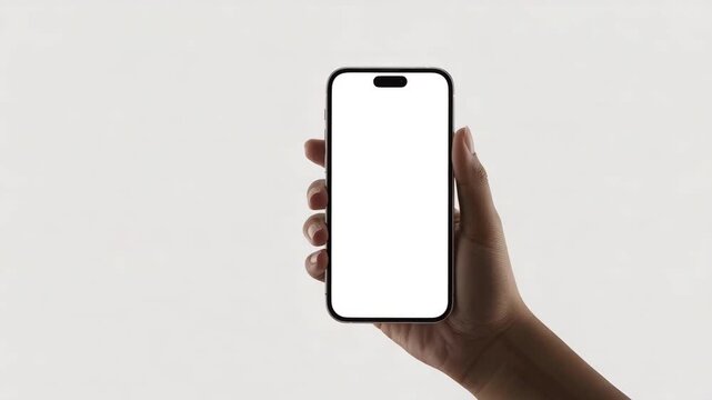 Hand holding smartphone with blank screen on white background  mobile phone mockup  closeup of hand holding device