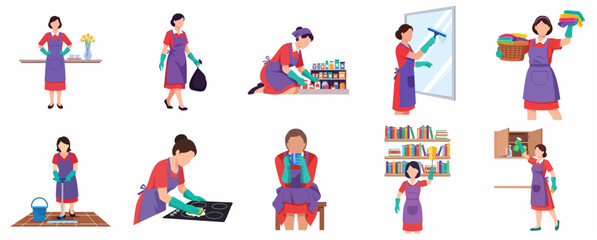Fototapeta premium Set of Professional Housekeeping and Cleaning Service Illustrations Featuring a Woman Performing Domestic Chores