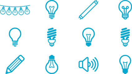 Blue line icon set with various light bulbs pencil and speaker symbols for creativity and energy ideas © Arif Ahmed