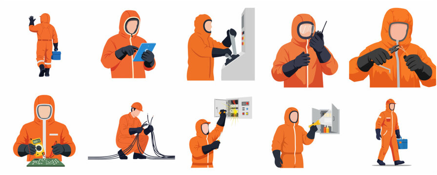 Professional Electrical Technician in Orange Protective Arc Flash Suit Illustration Set for Industrial Safety and Maintenance Tasks