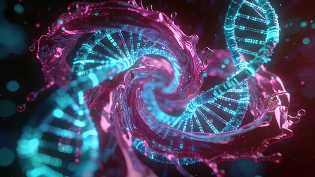 Looping DNA-like helix with binary digits entwining magenta ribbon in dark void, teal orbs drifting