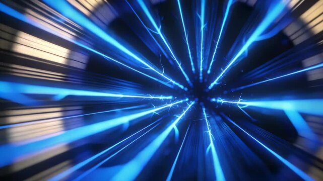 Camera zooming, ringed core and blue rays stretching in tunnel, filaments flashing, moving inward
