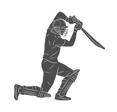 A batsman playing cricket. Silhouette of a cricket batsman. A cricketer in dynamic motion while hitting a ball with a bat. Vector illustration