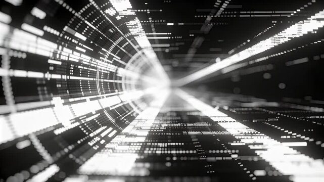 Advancing camera moving through curved digital tunnel in void, revealing hazy X-shaped light matrix