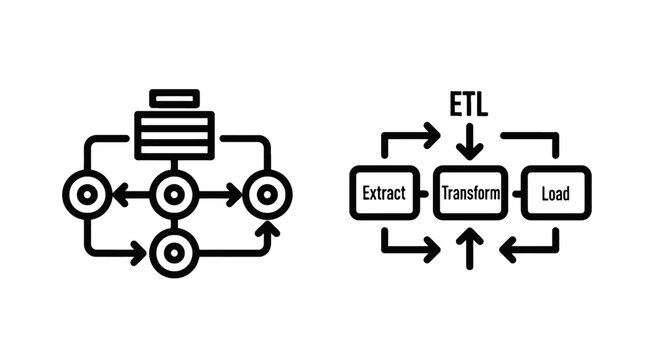 Etl process data pipeline visualization and flow chart icon set with pipeline flowchart transform workflow database information management integration