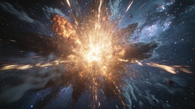 Collision-triggered rocky body ejecting fiery fragments in deep nebula, lighting galactic arm