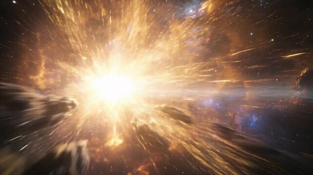 Accelerating camera approaching bright core and clouds in nebula, capturing filaments ejecting