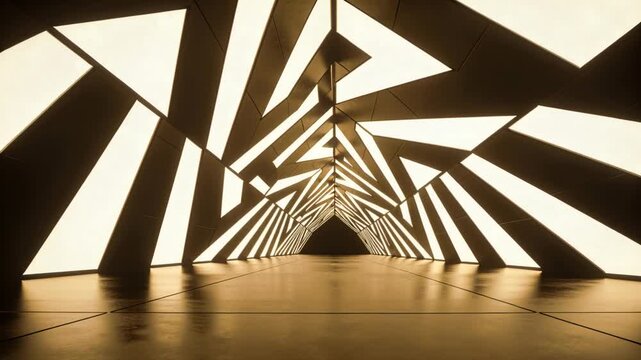 Light cue sliding panels tunnel compressing inward on stage, showing dark triangle, polished floor