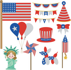Fototapeta premium Fourth of July Patriotic Decorations and USA Independence Day Elements Vector Set