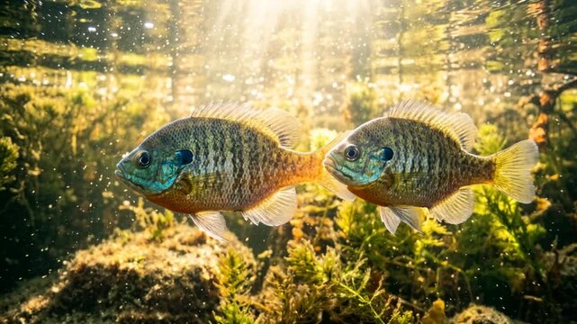 two Bluegill fishies underwater close up morning light