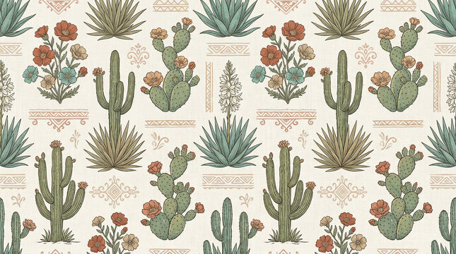 Vintage desert flora pattern with cactus and succulent illustrations.