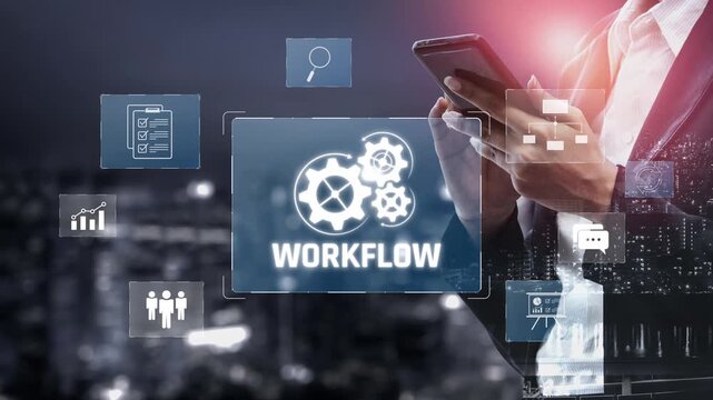 Workflow optimization concept featuring interconnected gears, task management, collaboration, process mapping, review, and automation for business productivity and efficiency Marrow