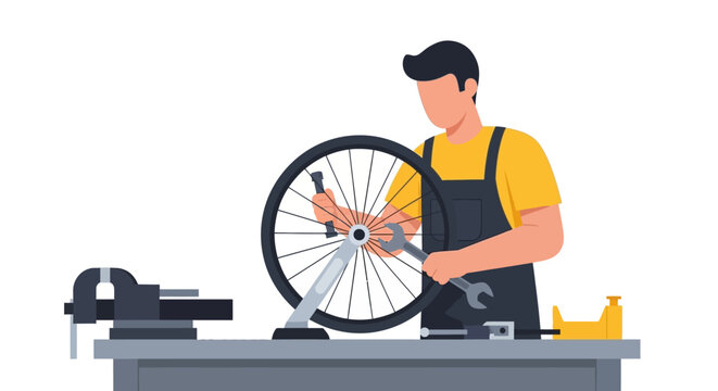 Professional Bicycle Mechanic Repairing Wheel in Workshop - Vector Illustration of Cycle Maintenance and Service