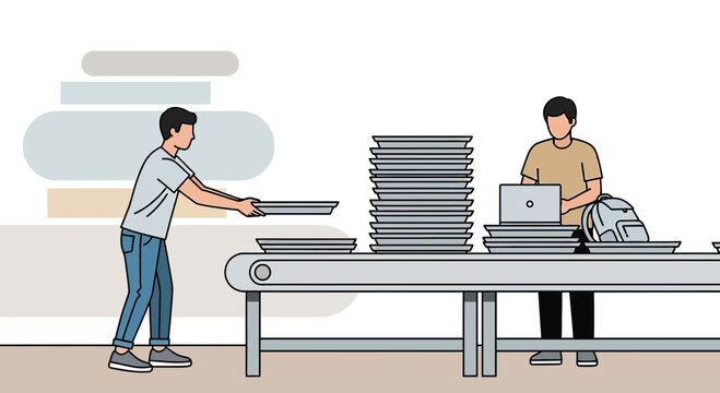 Workers on a production line with trays and a laptop, efficient workflow illustration