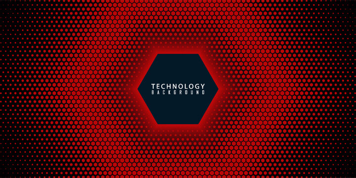 Dark technology hexagonal vector abstract background. Red bright energy flashes under hexagon in dark technology futuristic modern background vector illustration