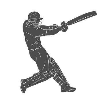 A batsman playing cricket. Silhouette of a cricket batsman. A cricketer in dynamic motion while hitting a ball with a bat. Vector illustration