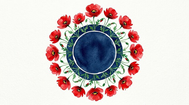 Independence day america floral wreath red poppy watercolor patriotic design