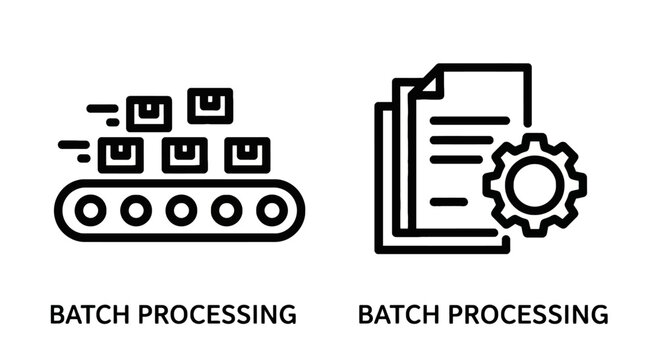 Batch processing icons with conveyor belt and gear document configuration processing conveyor document logistics automation manufacturing production
