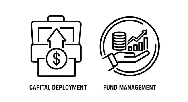 Capital deployment and fund management icons with financial management asset management deployment management investment business planning portfolio