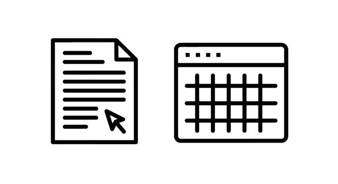 Document file and spreadsheet table grid icons set for data entry organization and digital document management software interface elements with document