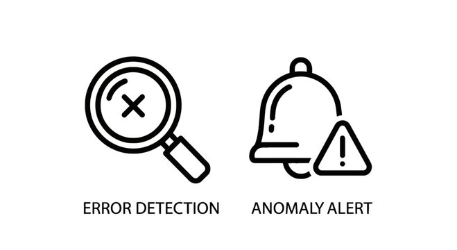 Error detection and anomaly alert flat outline icons with detection magnifying business monitoring notification analysis software development