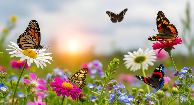 Colorful butterflies fluttering in a spring meadow with daisies butterfly butterflies blooming wildflowers pollination colorful environment ecosystem outdoors beautiful wildlife