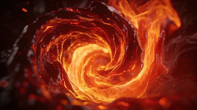 Pulsing inner core driving molten vortex rotating in crater, flame plumes curling and embers rising