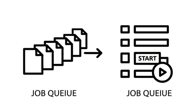 Job queue processing and task management icons with processing management workflow sequence automation efficiency priority scheduling operation