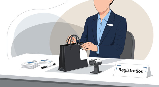 Welcome Desk Clerk Handing Over Shopping Bag at Registration Counter