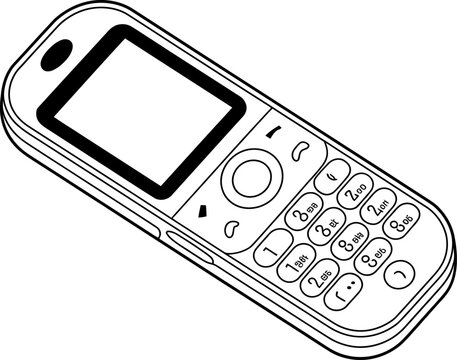 Classic black and white line of a vintage mobile phone with a numeric keypad and screen. 