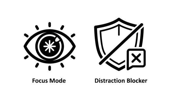 Focus mode and distraction blocker UI icons with distraction interface productivity concentration attention awareness security protection minimalist