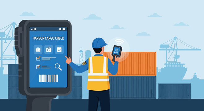 Warehouse worker scanning cargo container with handheld device, port logistics.
