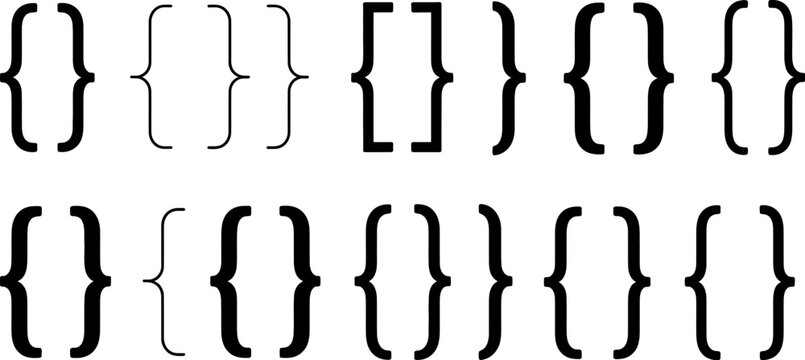 Collection of Black Braces and Curly Brackets in Two Rows on White Background curly brace