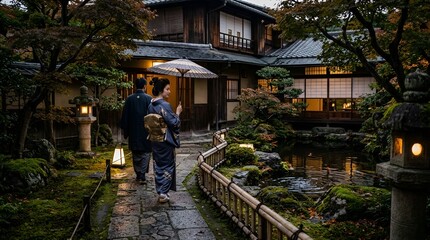 Obraz premium Couple in Kimonos stroll through Japanese garden at twilight