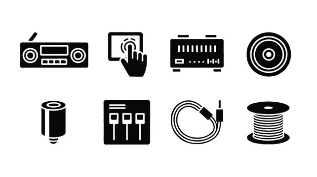 A set of black and white industrial mech icons including a radio, cd, amplifier, hand, battery, audio cable, and spool of wire on a clean background