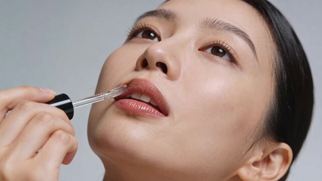 Asian woman applying lip oil in studio, tilting head, pressing glass dropper black cap for gloss
