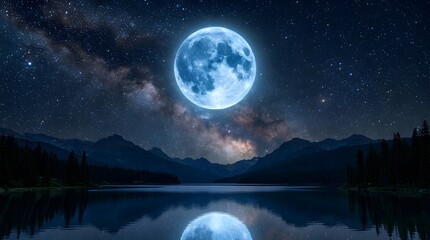 Fototapeta premium Full Moon Reflection on Lake with Milky Way Night Sky
