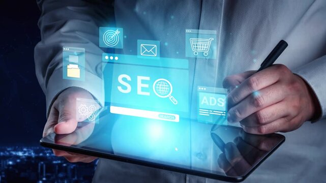 Business Professional Analyzing Digital Marketing Strategies with SEO Concepts and Icons on a Tablet Device in a Modern Office Setting at Night. Entropy.
