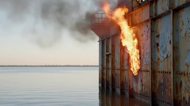Industrial gas flare burning on rusty offshore platform structure at sunset, oil and gas energy extraction concept, environmental hazard