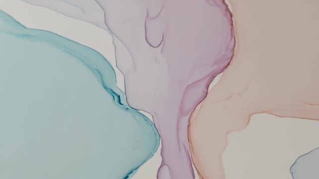Flowing central mauve band expanding when meeting teal, peach forming teardrop pool on pale support