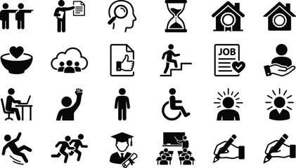 Obraz premium Human resources and career development glyph icon set representing recruiting employment training motivation and workplace solutions