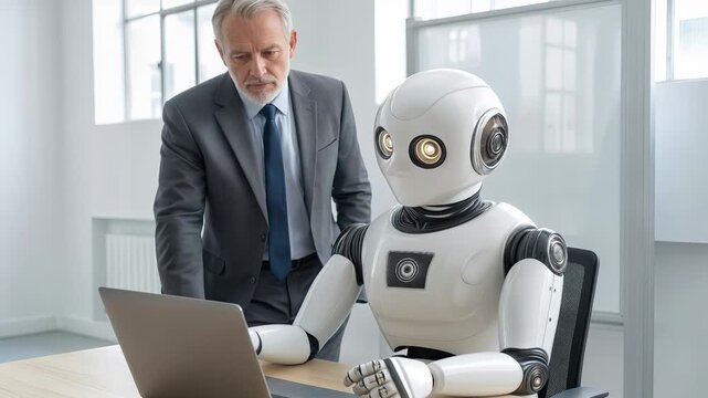 Senior executive supervising white humanoid robot working on laptop. Artificial intelligence integration in corporate office environment. Static medium shot.
