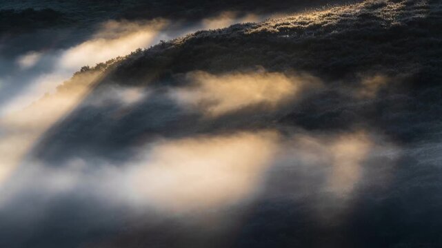 Moving low fog and ridge responding to low sun, showing sunlit patches, slanted shadows at sunrise
