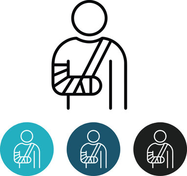 Injured person line icon with broken arm bandage and medical sling representing accident insurance first aid and bone fracture concepts