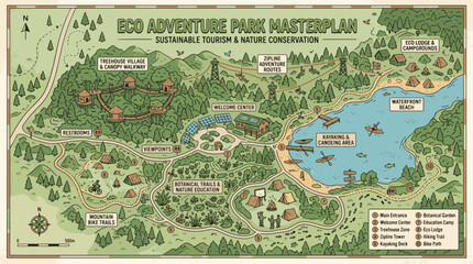 National park infrastructure map design. Vector cartoon landscape elements for eco resort, glamping site, hiking trails, welcome center, mountain bike path and lake pier. © Akhi Ayra