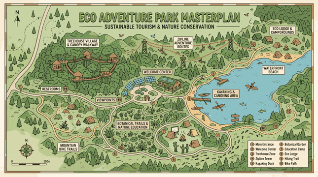 National park infrastructure map design. Vector cartoon landscape elements for eco resort, glamping site, hiking trails, welcome center, mountain bike path and lake pier.
