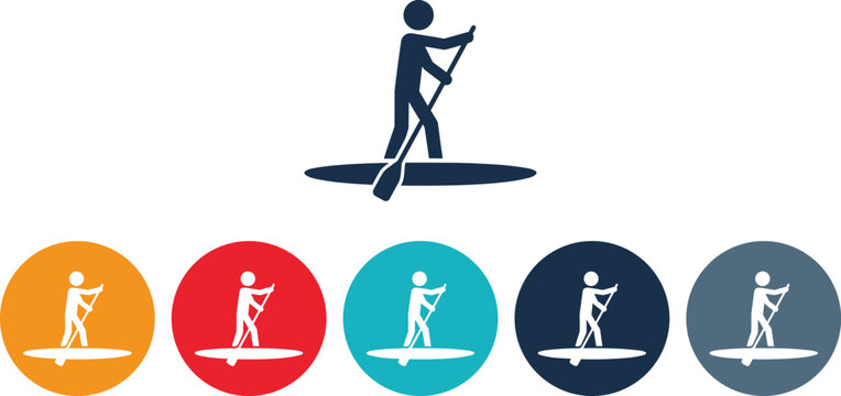 Minimalist stand up paddleboarding icon set for summer water sports recreation and active outdoor lifestyle illustration